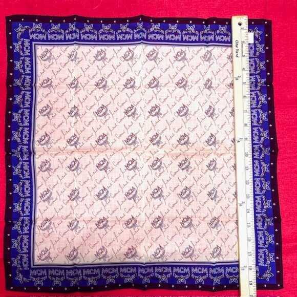 New MCM men/ women Handkerchief/ mini scarf cotton 19.5" Blue beige Log Print(99 - Picture 6 of 8